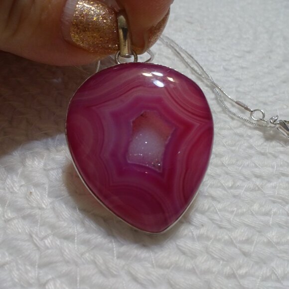 Beautiful PINK BOTSWANA DRUZY Handmade Sterling 925 Pendant/Chain #948C - Picture 2 of 3